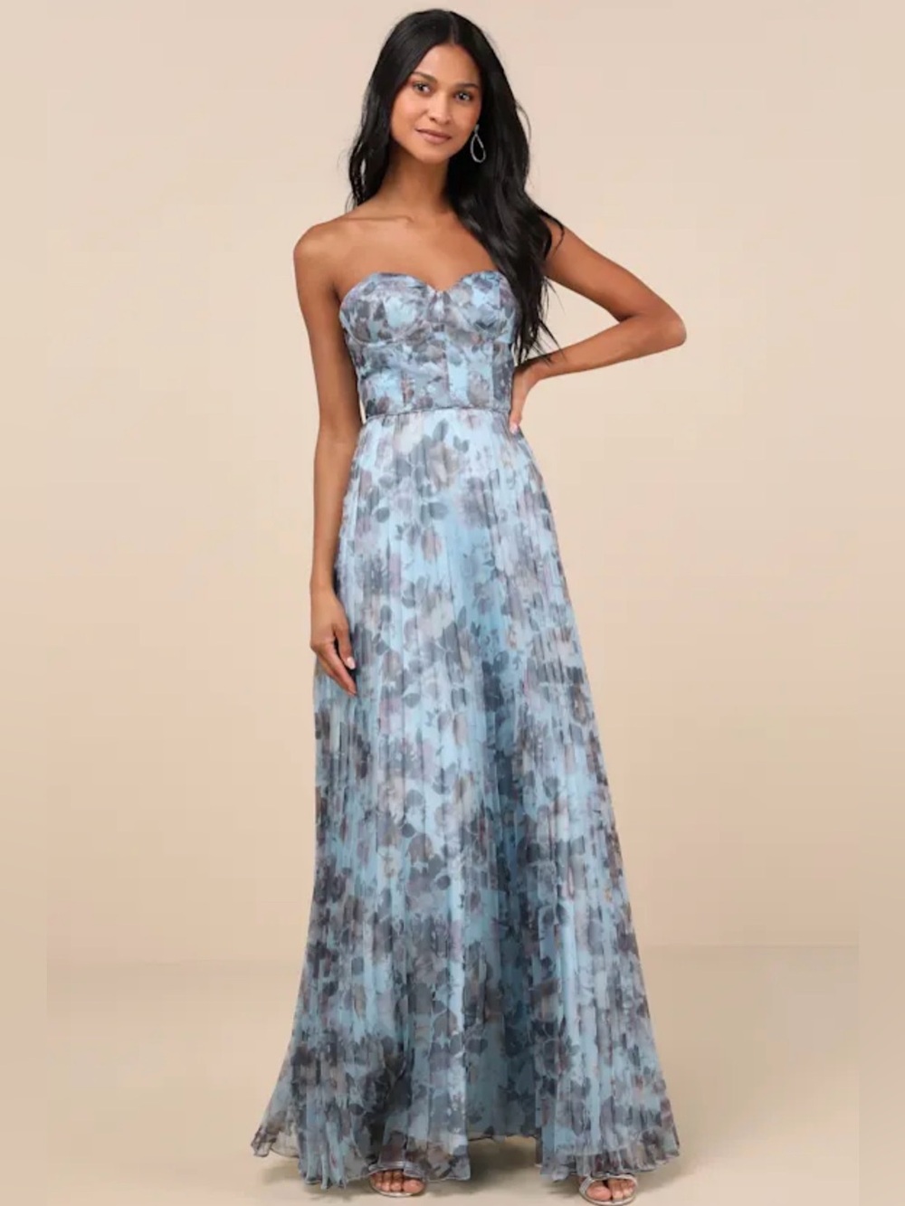 Lulus Strapless Blue Floral Pleated Maxi Dress